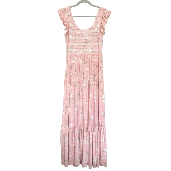 LOVE SHACK FANCY Chessie Smocked Tiered Floral Midi Dress Ballet Pink REVOLVE - Picture 12 of 14